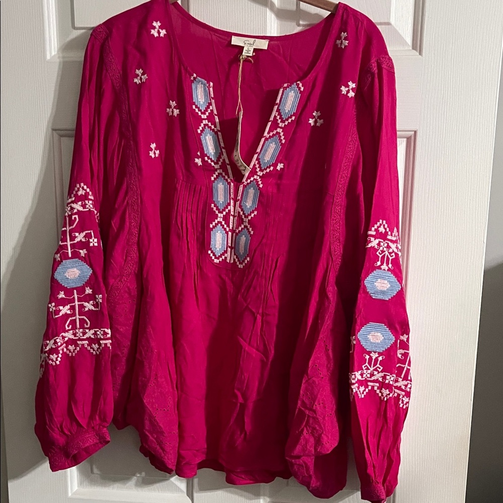 Embroidered Boho Tunic Top - Magenta
